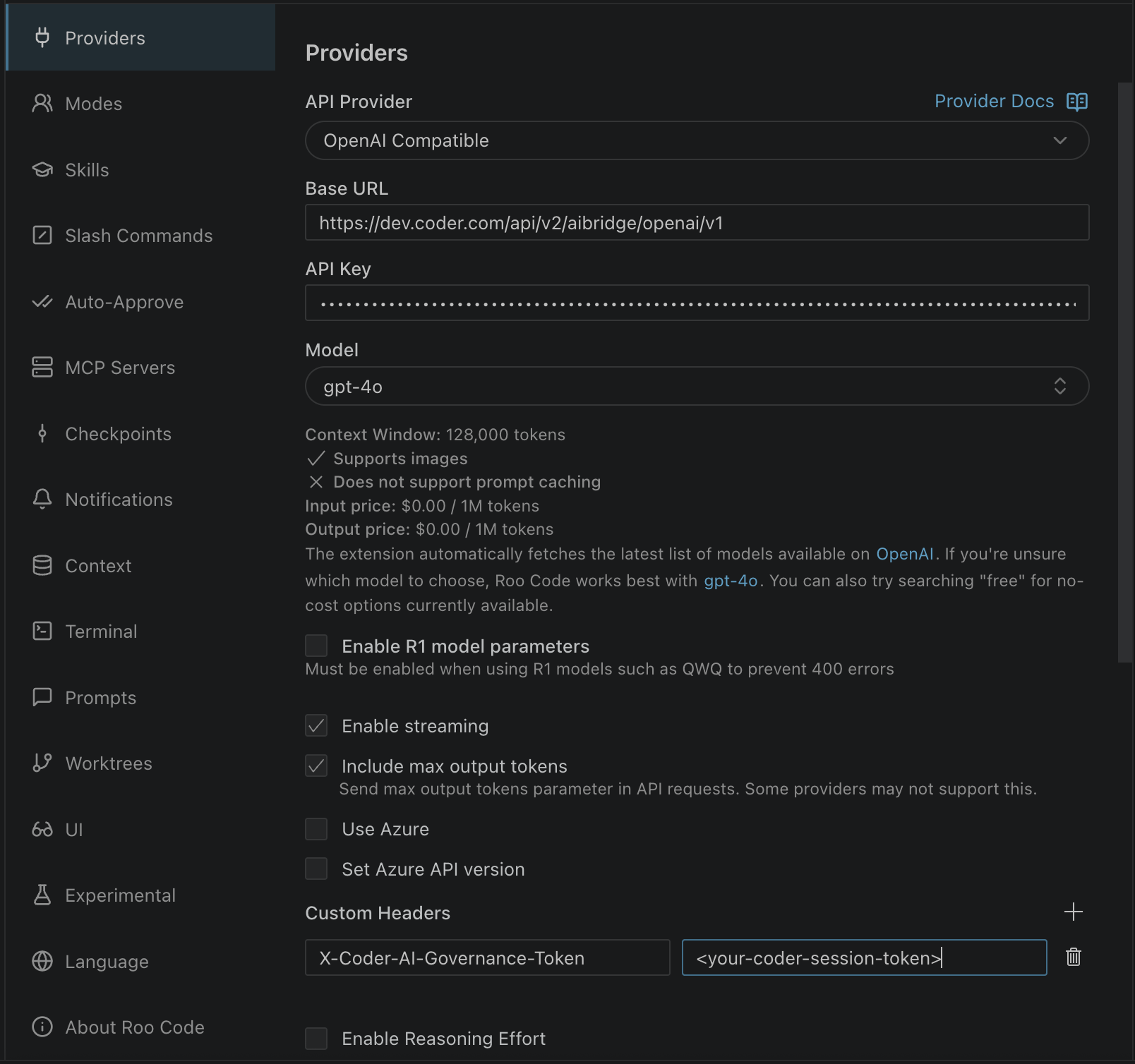 Roo Code BYOK OpenAI Settings