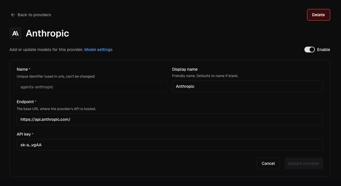 Edit Anthropic provider form