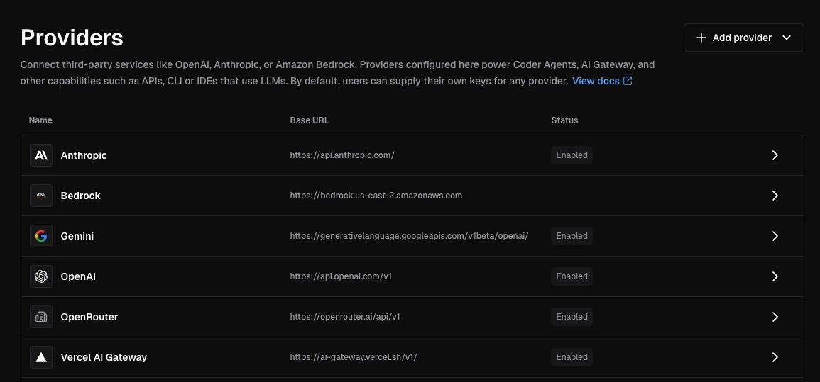 AI Providers list page