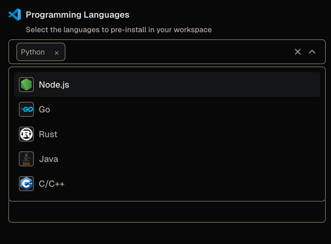 Programming Language dropdown parameter from the Quickstart template