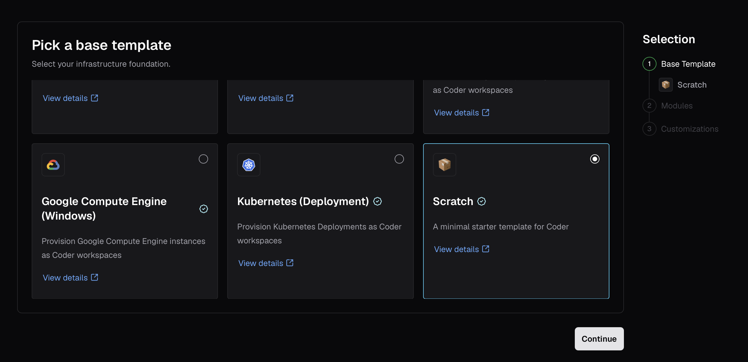 Template builder base selection step