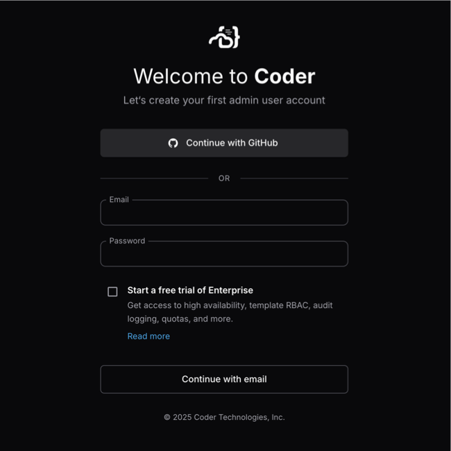 Welcome to Coder - Create admin user