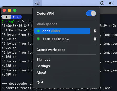 Coder Desktop list of workspaces