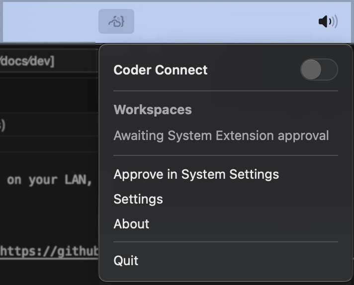 Coder Desktop menu before the user signs in