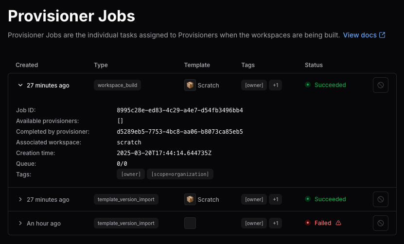 Provisioner jobs in the dashboard