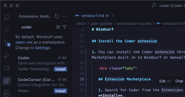 Coder extension in Windsurf
