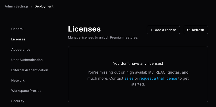 Add a license from the licenses screen