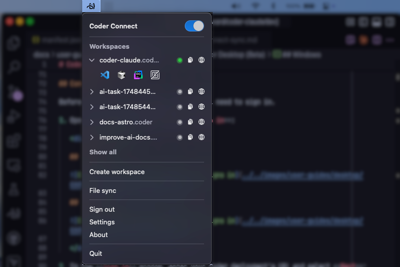 Coder Desktop list of workspaces