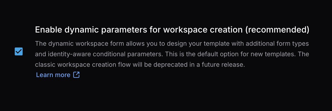 Enable dynamic parameters for workspace creation
