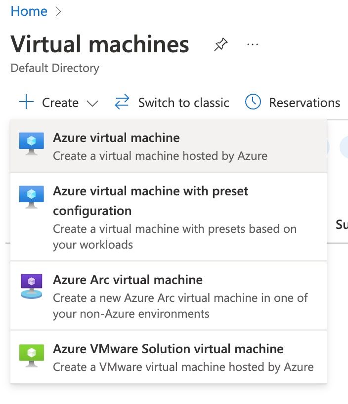 Azure VM creation page