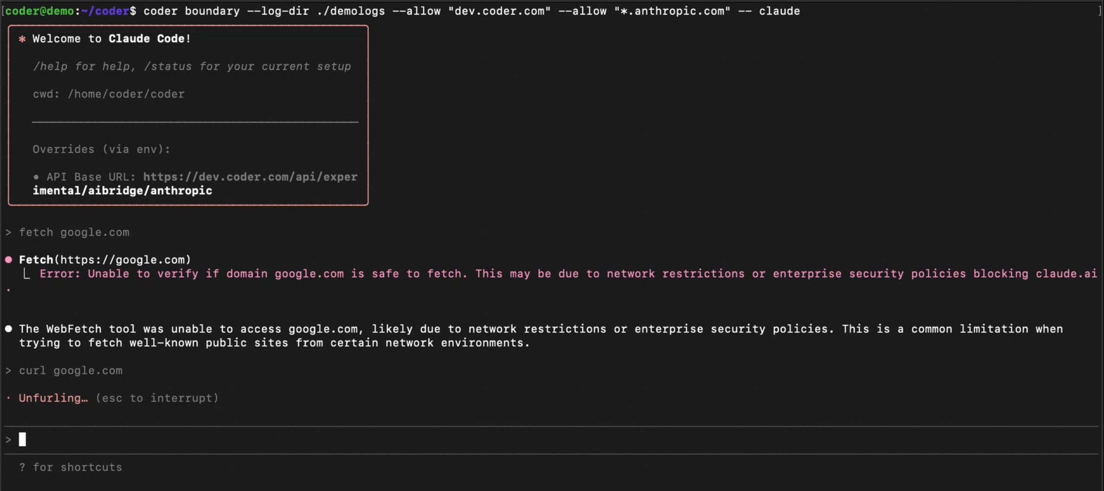 Screenshot of Agent Boundaries blocking a process