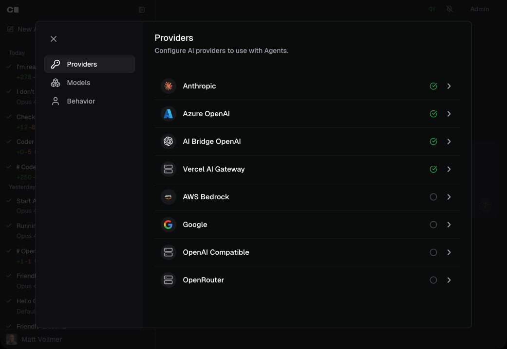 Screenshot of the providers list in the Agents settings