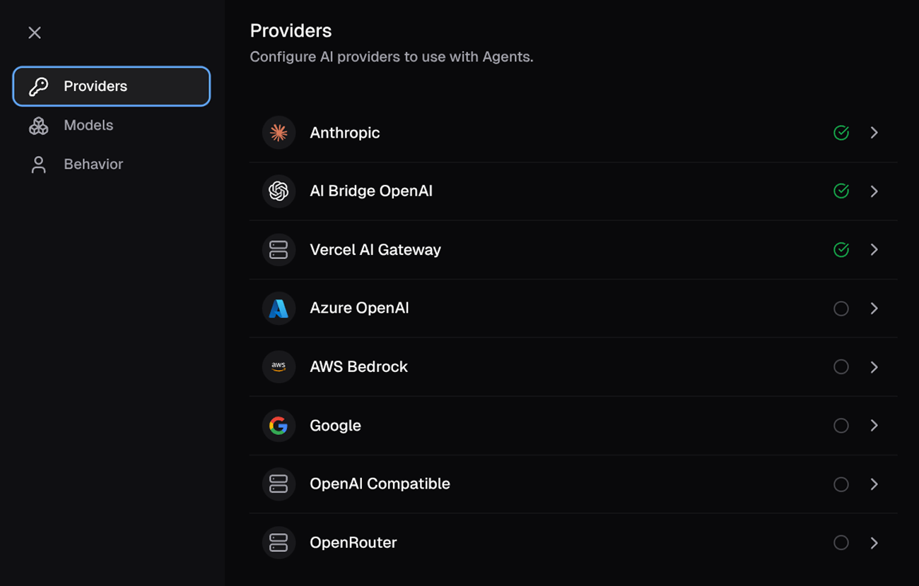 Screenshot of the provider/model configuration in the Agents settings