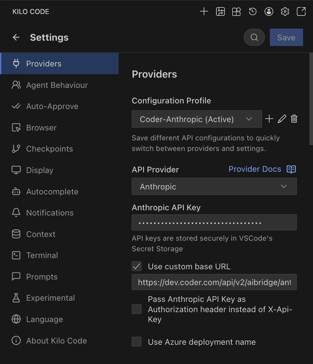 Kilo Code Anthropic Settings