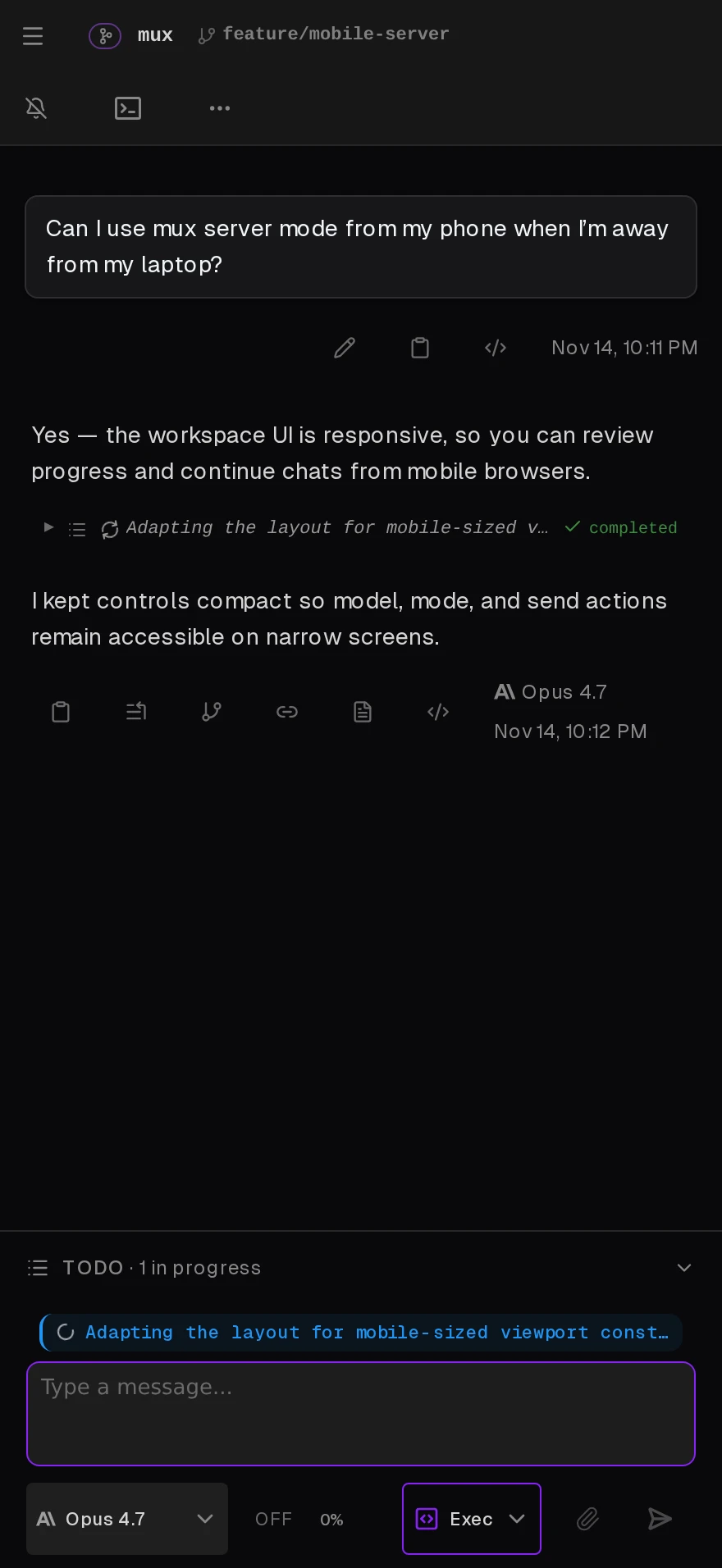 Screenshot of mux mobile UI