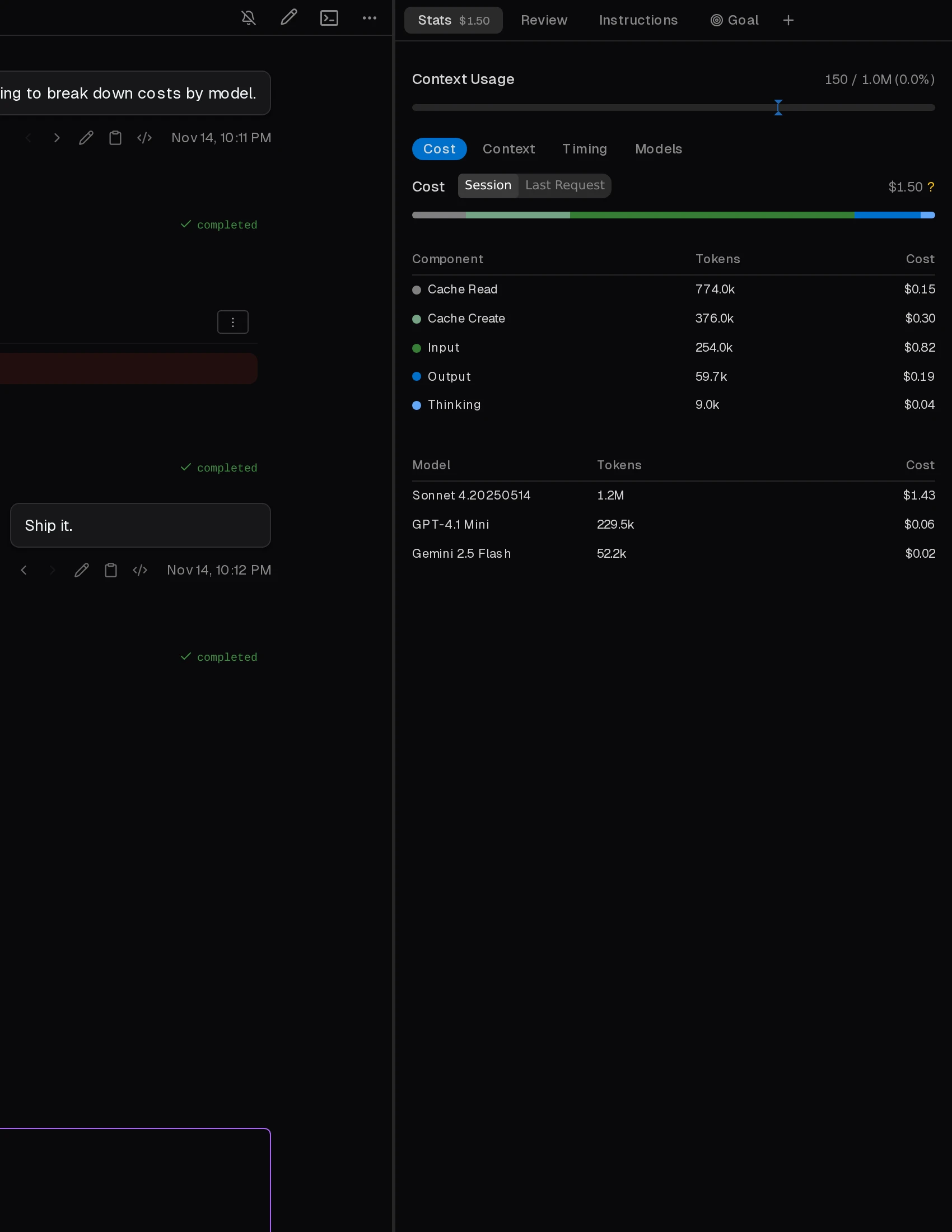 Screenshot of costs table