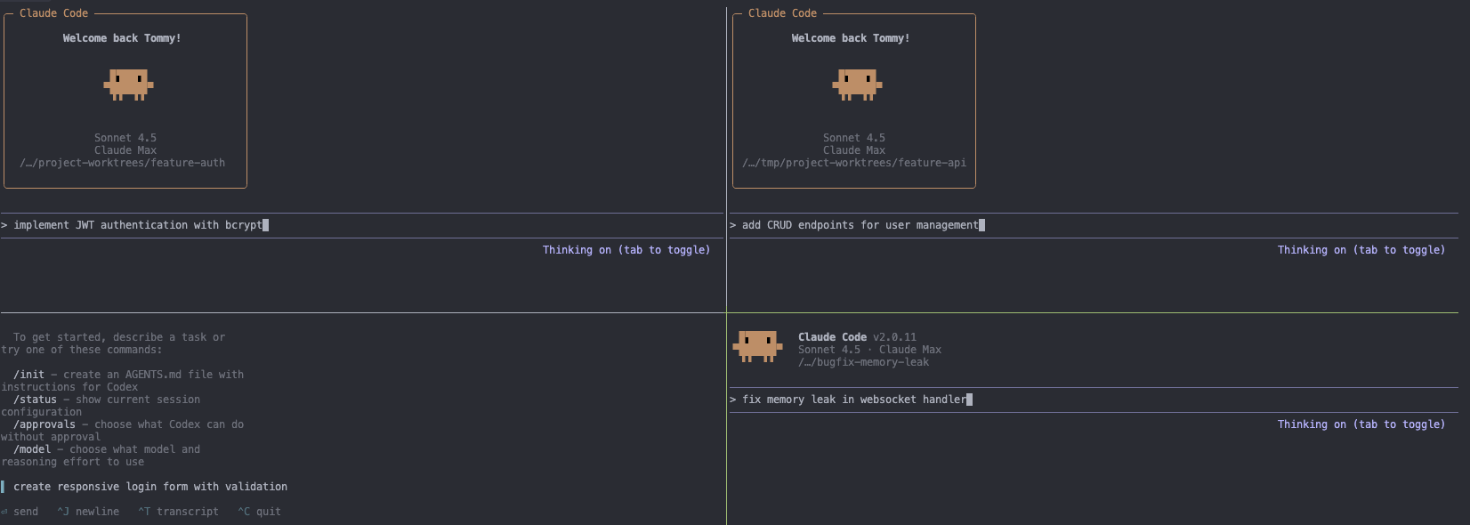 4 AI agents working in parallel across different worktrees
