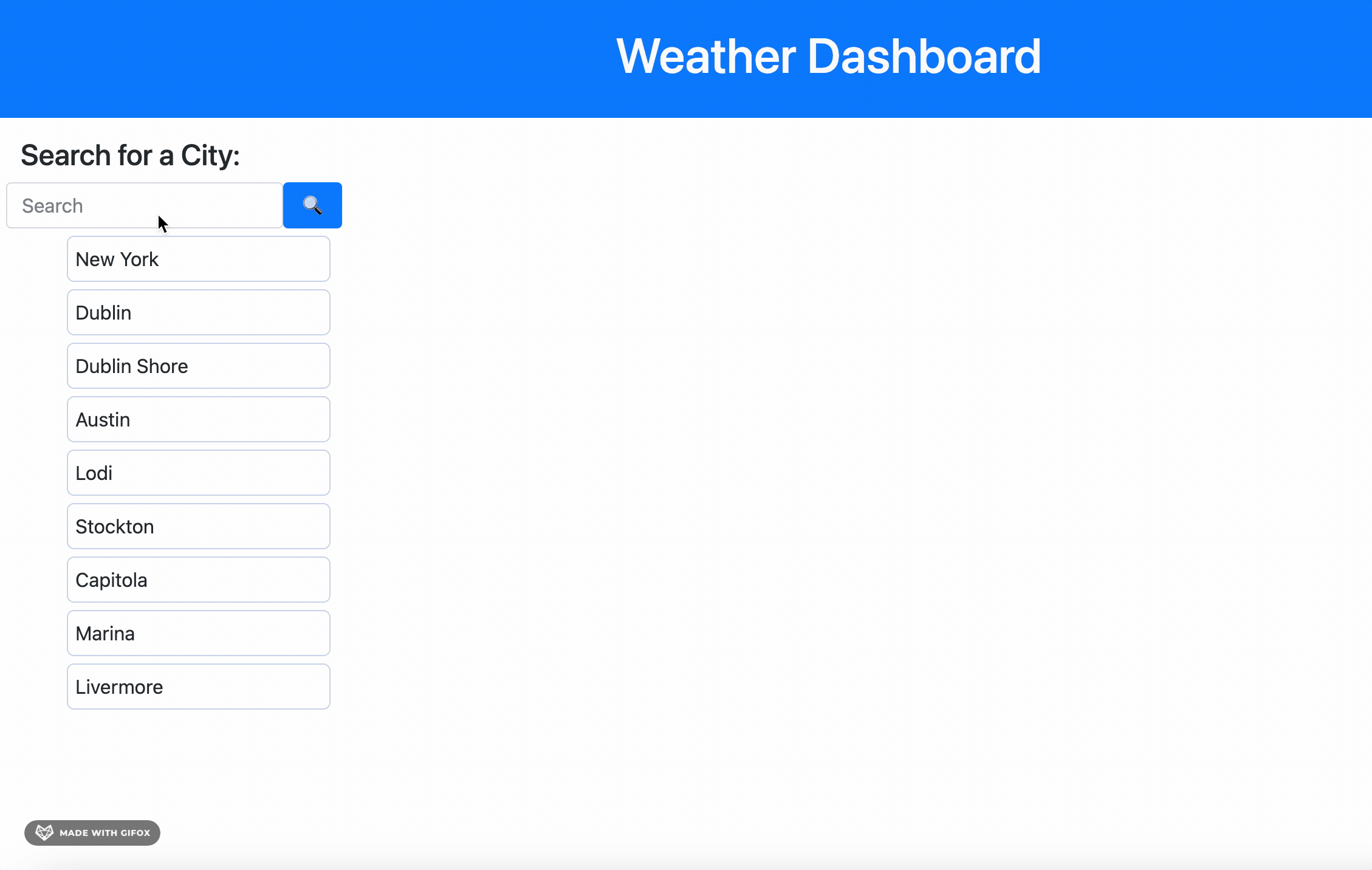 Weather Dashboard showing the weather forecast for San Francisco