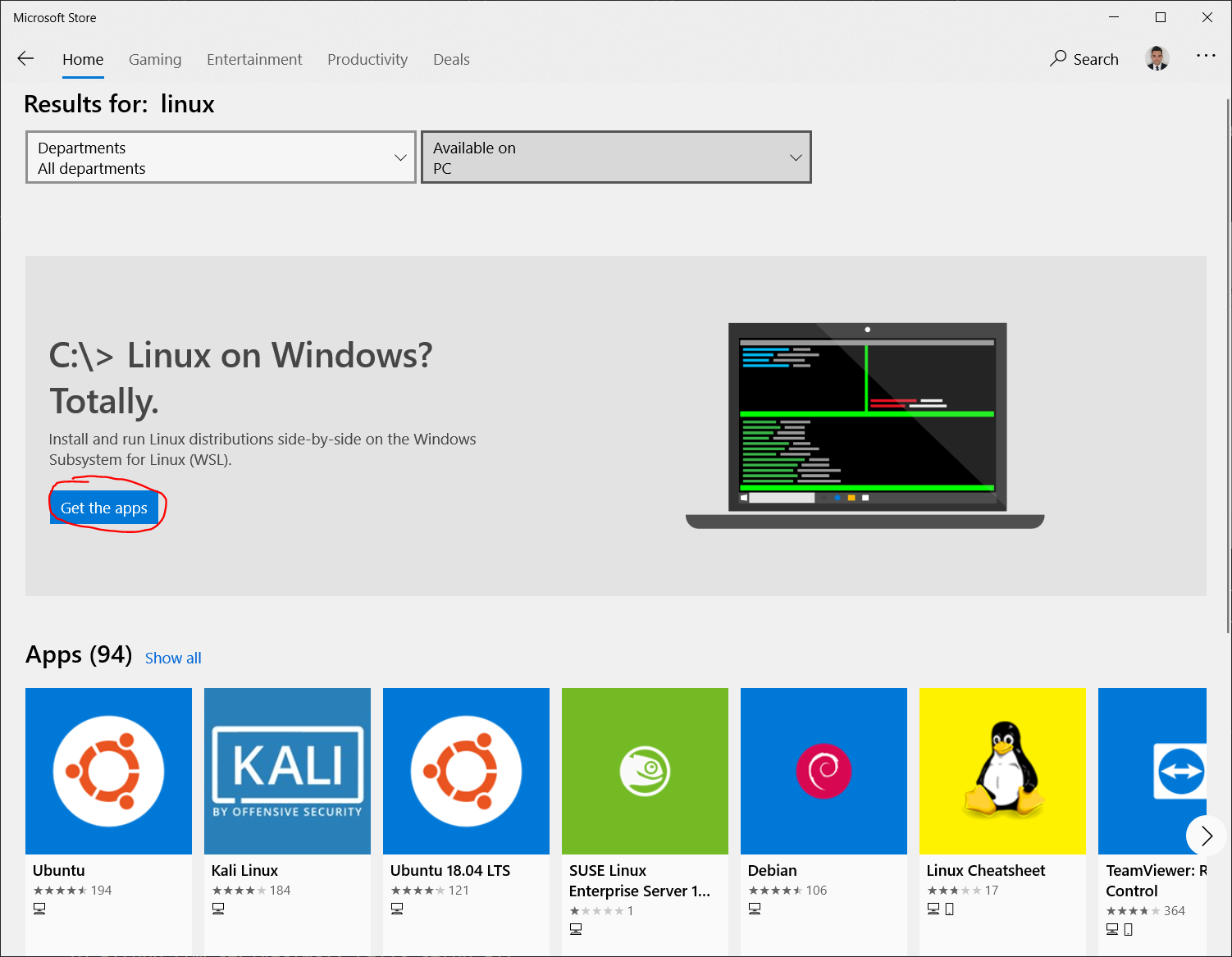 Linux subpage on Windows Store