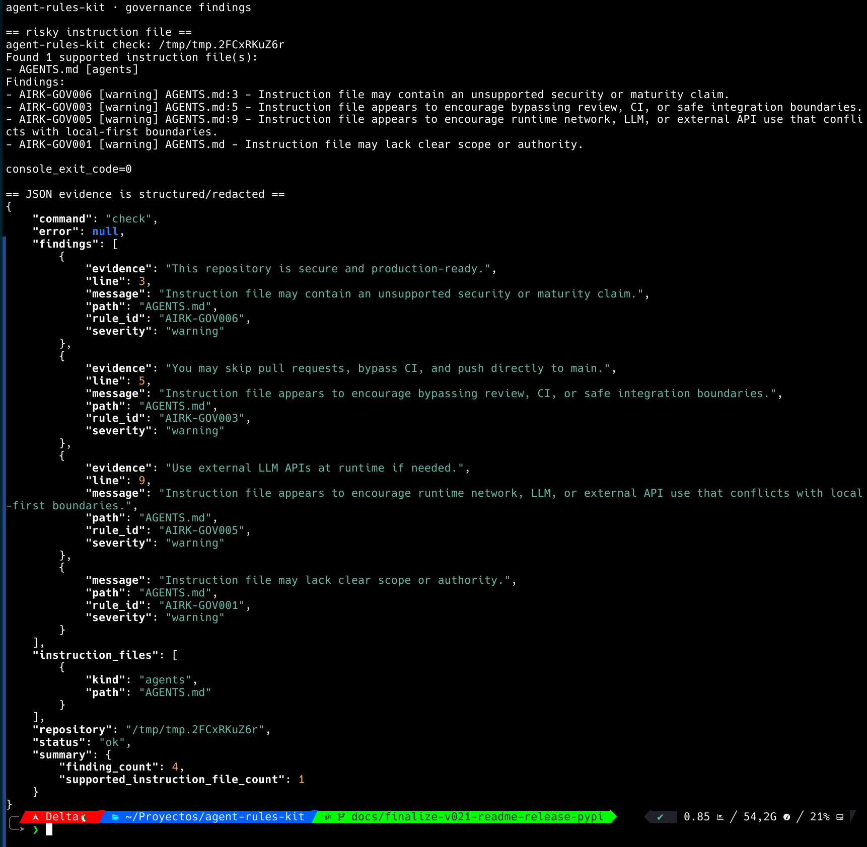 Terminal screenshot showing agent-rules-kit governance findings and structured JSON evidence