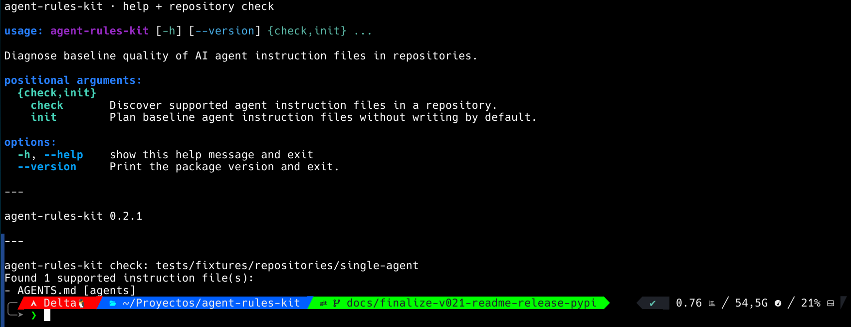 Terminal screenshot showing agent-rules-kit help output and a repository check detecting AGENTS.md
