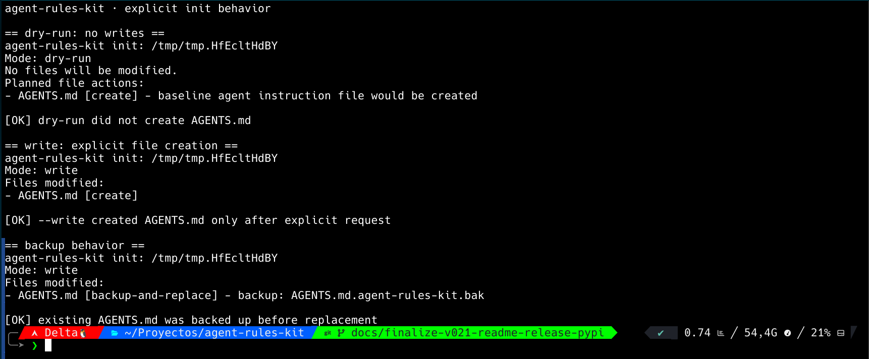 Terminal screenshot showing init dry-run, explicit write, and backup behavior