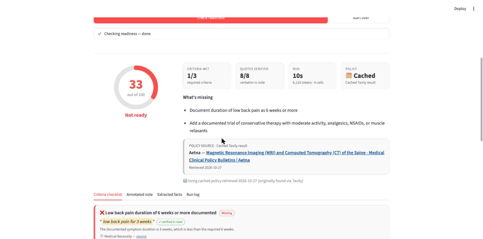AuthAssist readiness result: score ring, key metrics and what's missing