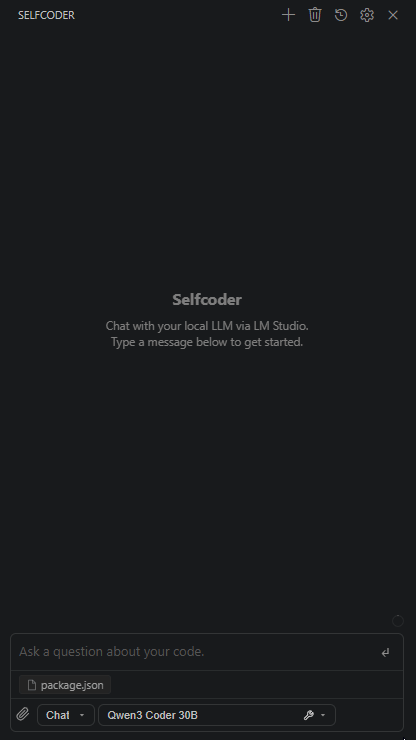 Selfcoder sidepanel chat with streaming local AI responses, model details, attachments, and chat history