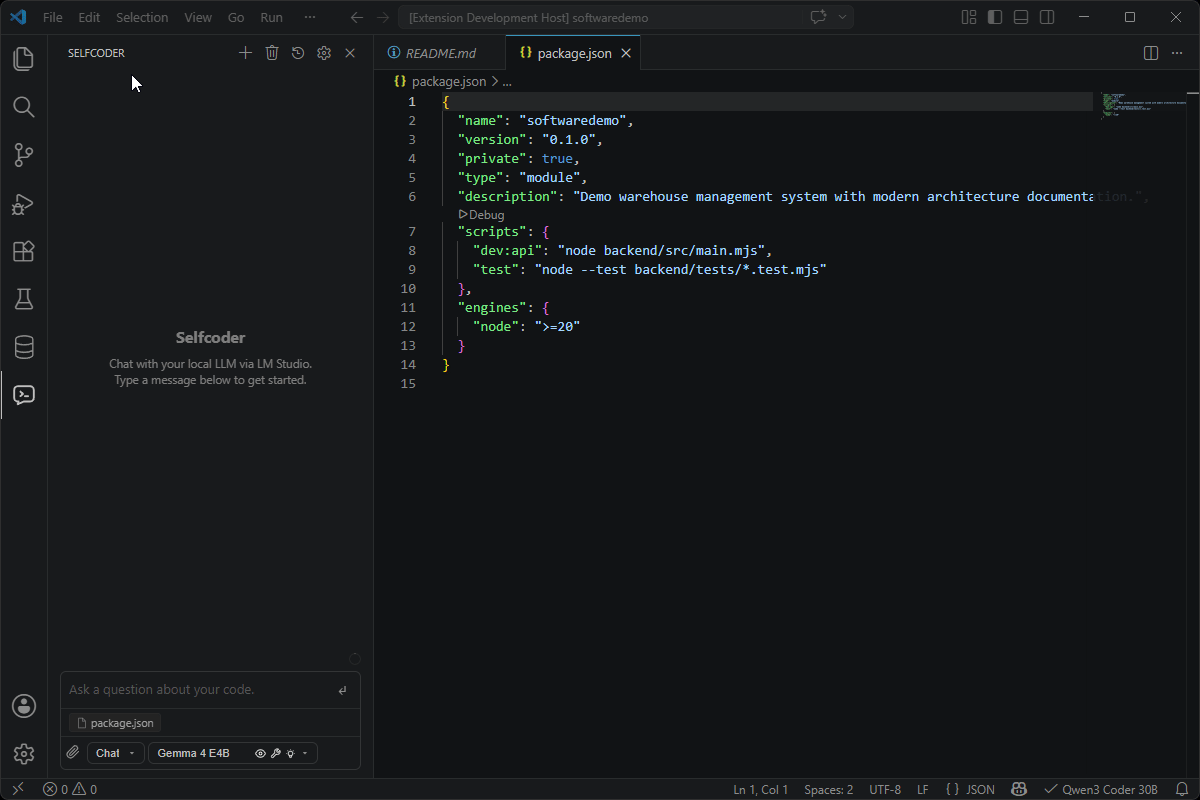 Selfcoder sidepanel with local Ollama model streaming a code explanation