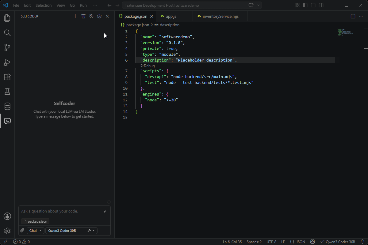 Selfcoder OpenCode agent mode showing workspace agent activity, plans, file changes, and tool actions