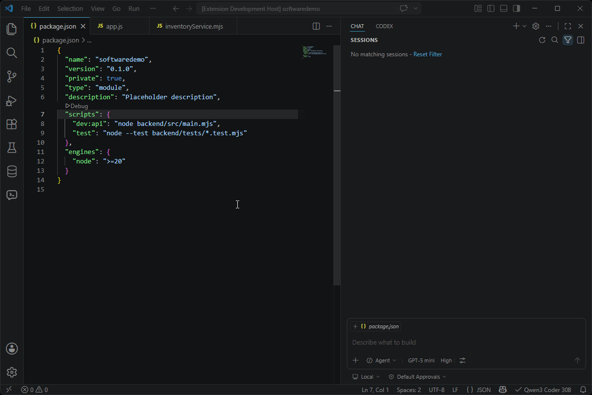 Selfcoder native VS Code chat integration using @Selfcoder with local LM Studio or Ollama models