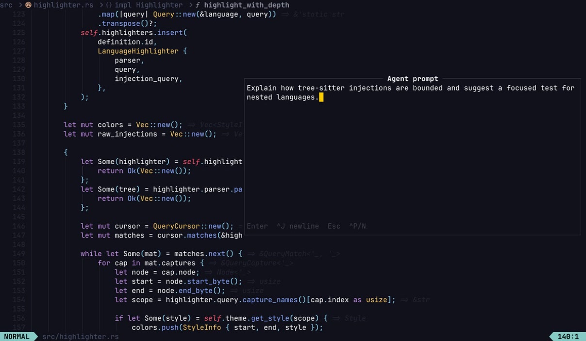 Red preparing a contextual agent prompt over the active source file
