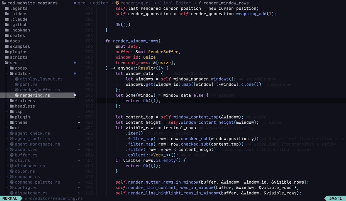 Red editing its Rust rendering pipeline with the project tree open