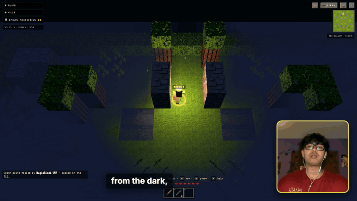 Five seconds of the Nightfall demo: dark arena, torchlight, caption, face bubble