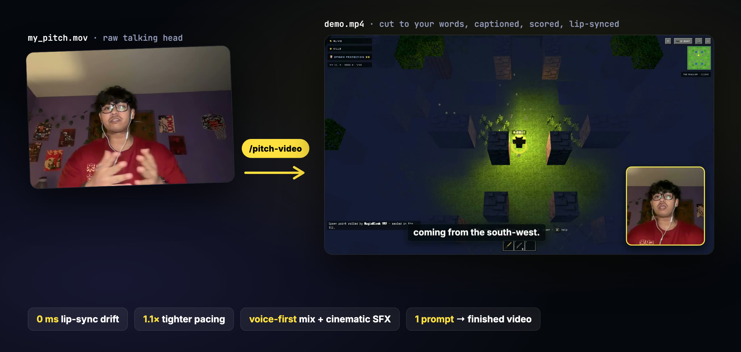 A raw talking-head recording on the left turns into a finished product demo on the right: gameplay footage, a face bubble, burned-in captions