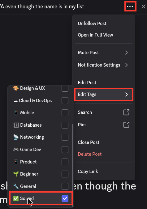 The ⋯ menu, with Edit Tags open and Solved ticked