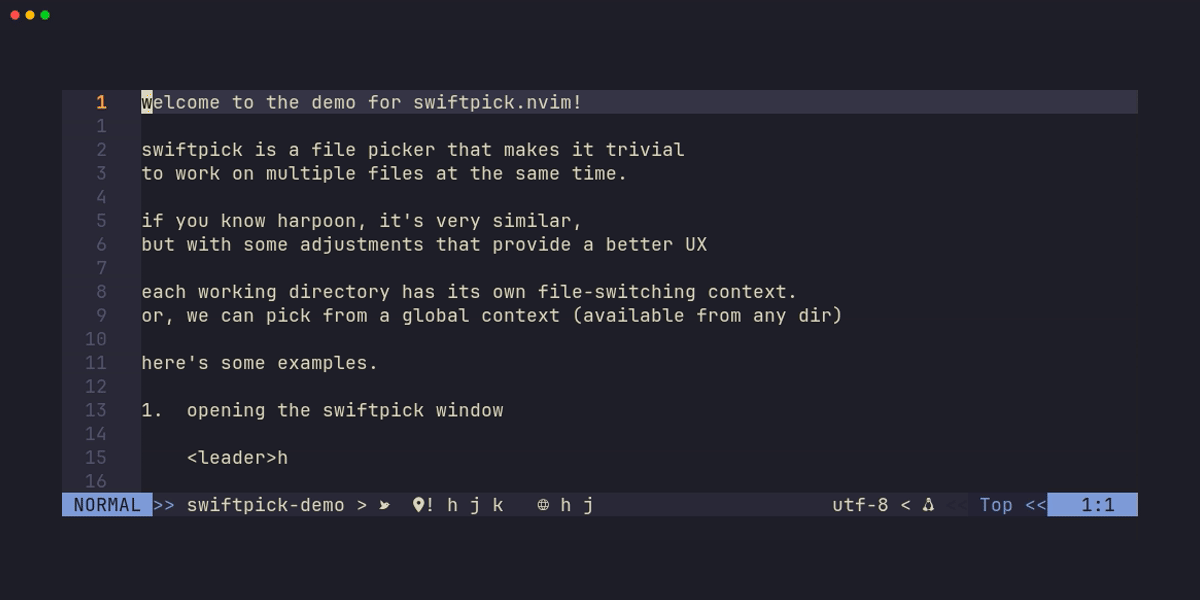 Demo of swiftpick.nvim in action