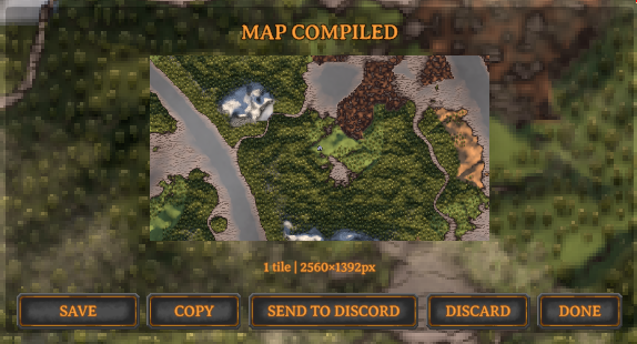 MAP COMPILED result panel — preview + SAVE / COPY / SEND TO DISCORD / DISCARD / DONE