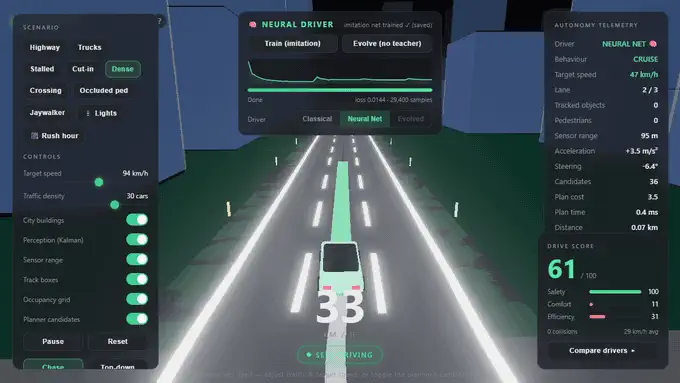 A from-scratch neural network driving after training, with its loss curve falling in real time