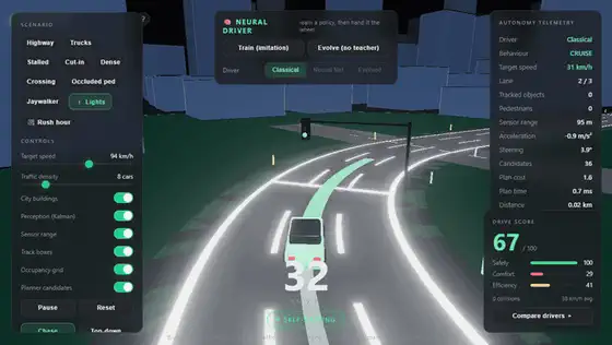 Chase-cam view cruising the city block with live HUD telemetry