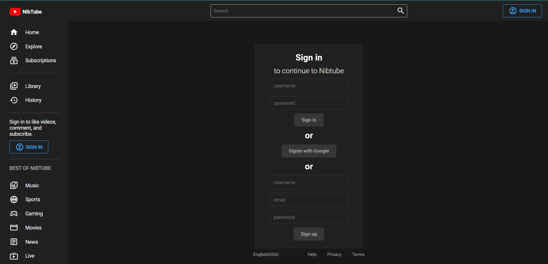 Login page