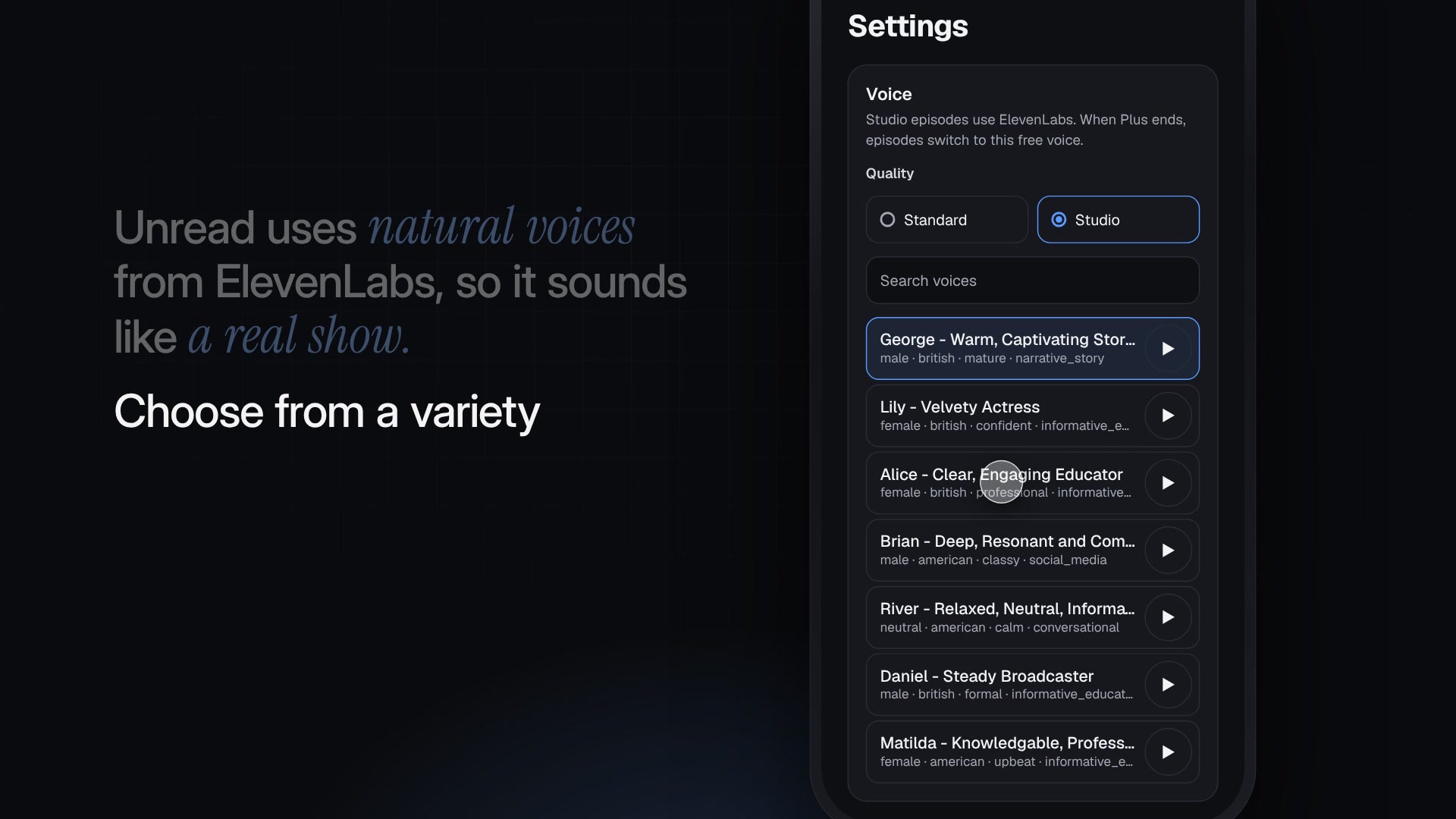 Studio voices: pick any voice from the ElevenLabs library, each with its own preview