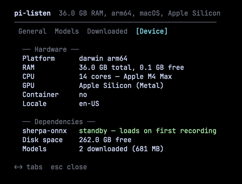 Device tab — hardware profile, dependencies, disk space