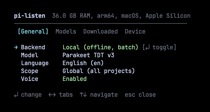 General settings — backend, model, language, scope, voice toggle