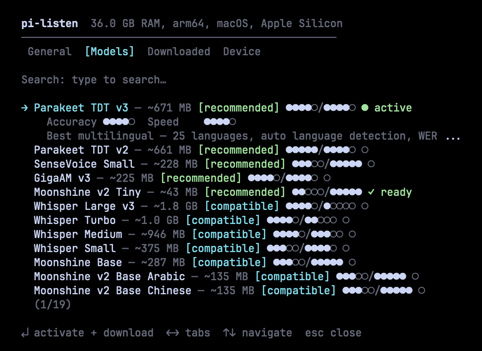 Models tab — browse 19 models with accuracy/speed ratings
