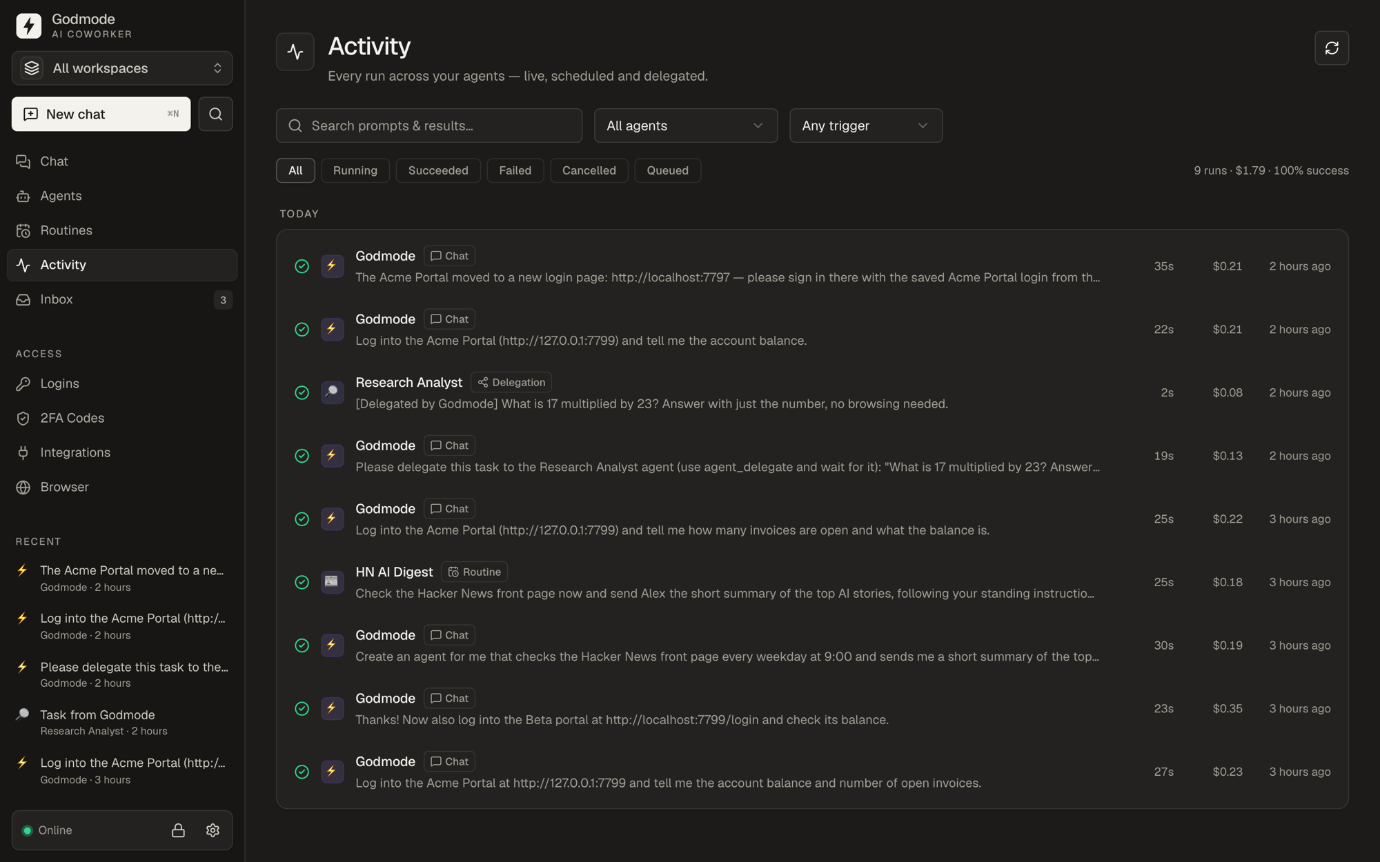Activity across agents