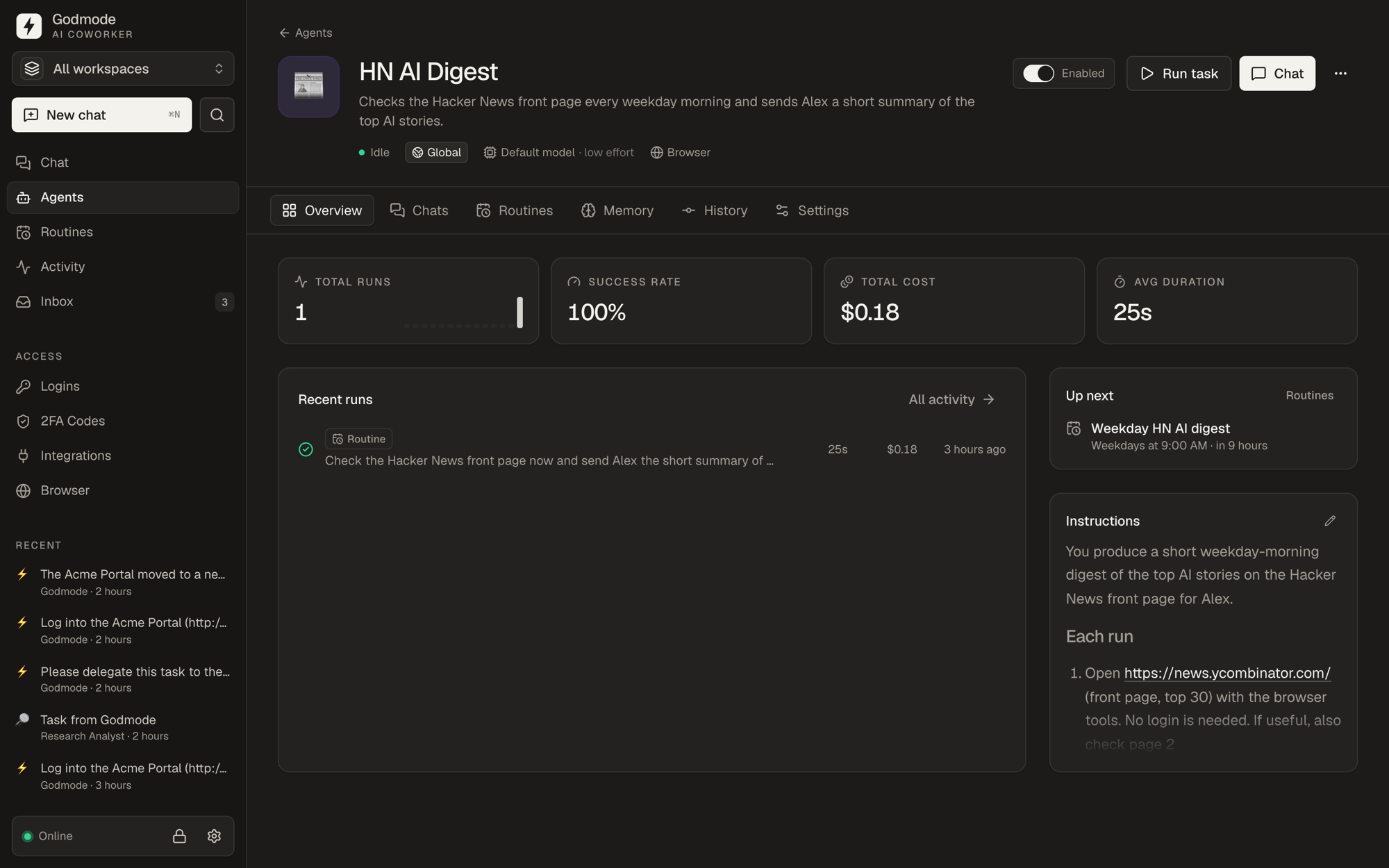 Agent detail with routines and memory