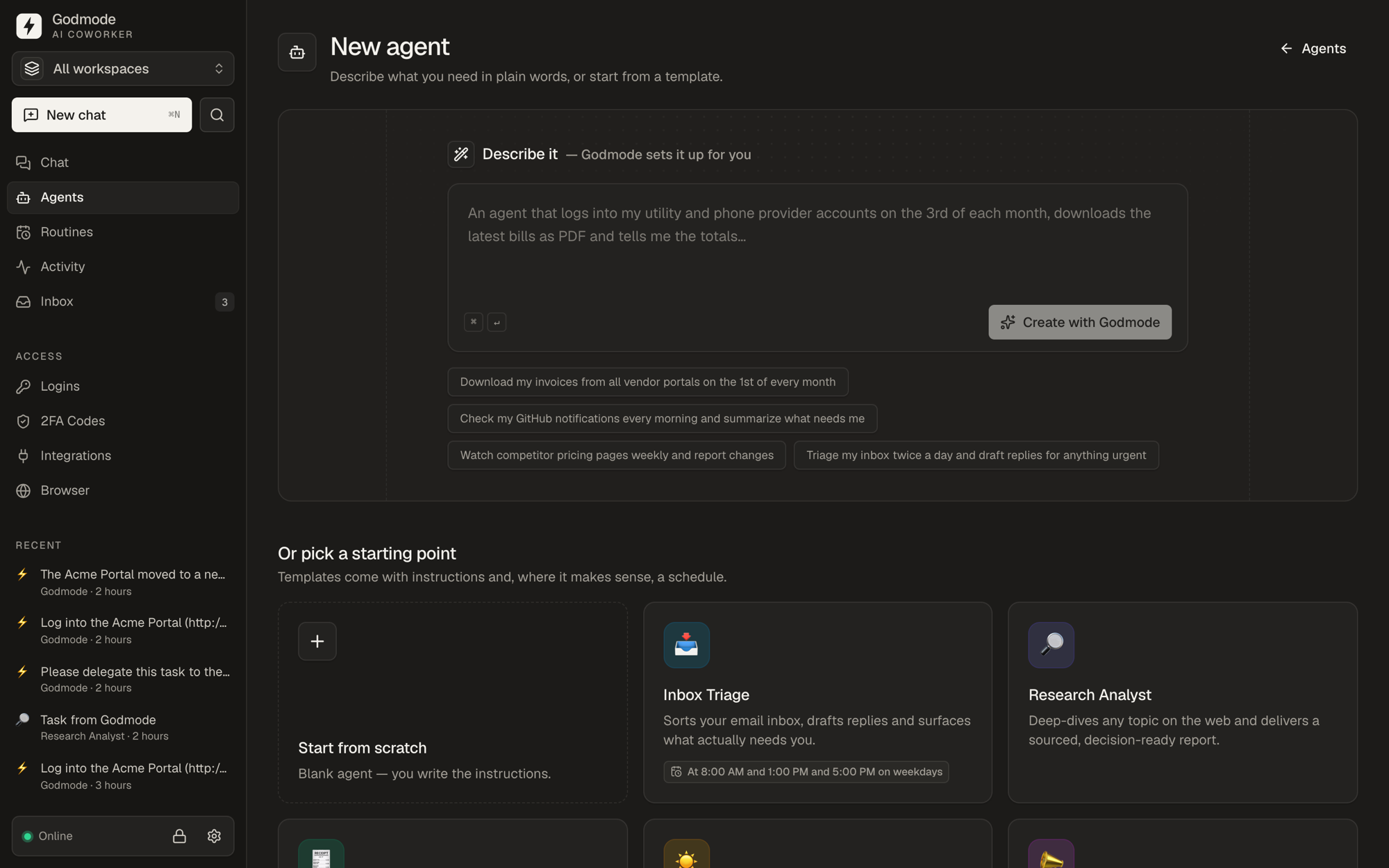 Create an agent by describing it