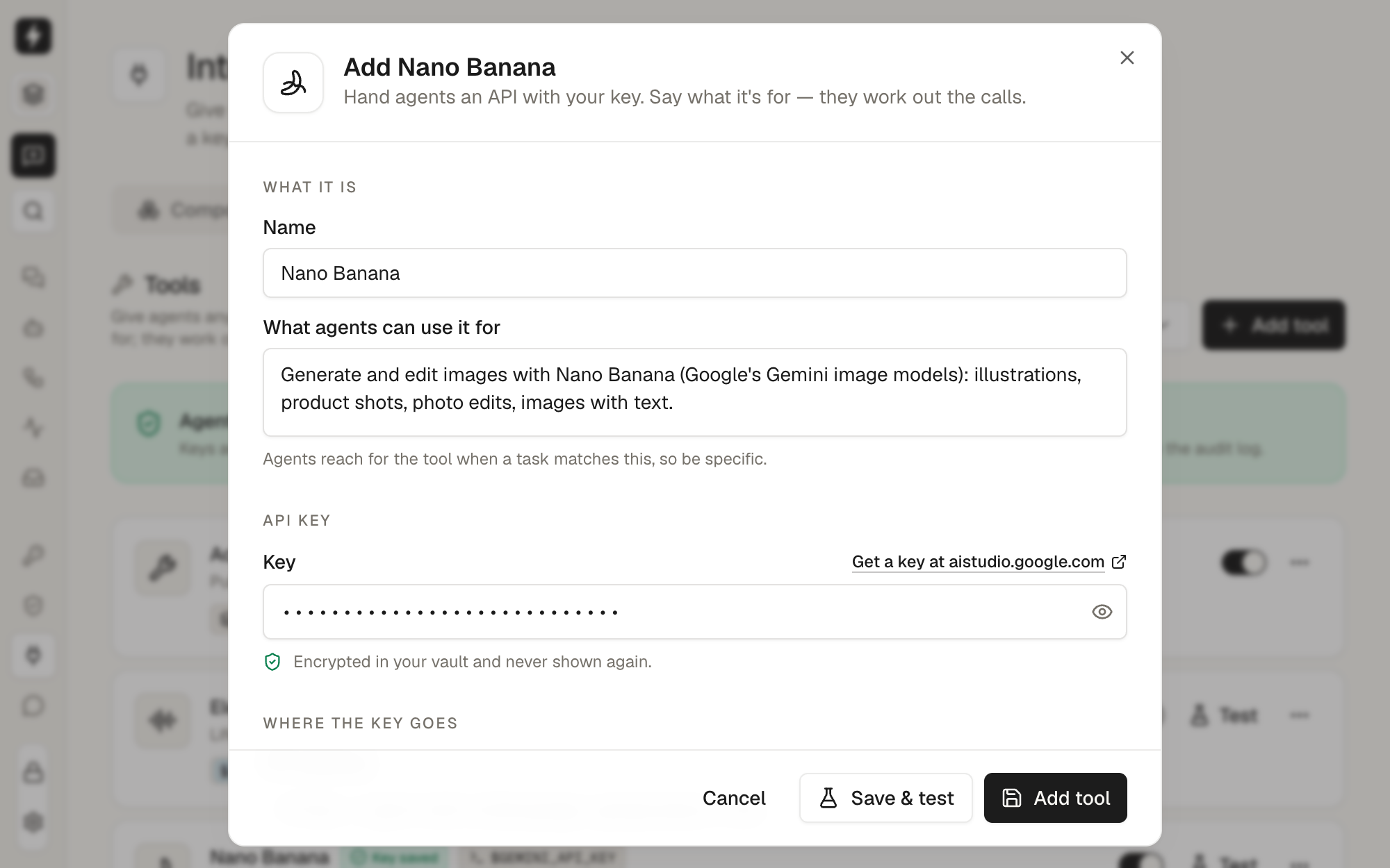 Add Nano Banana: name, what it's for and the API key