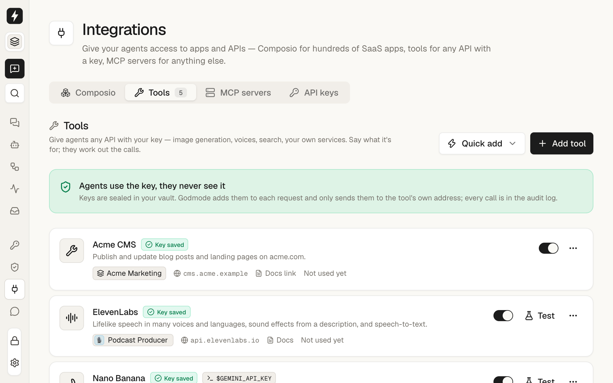 API tools with their keys, scopes and addresses